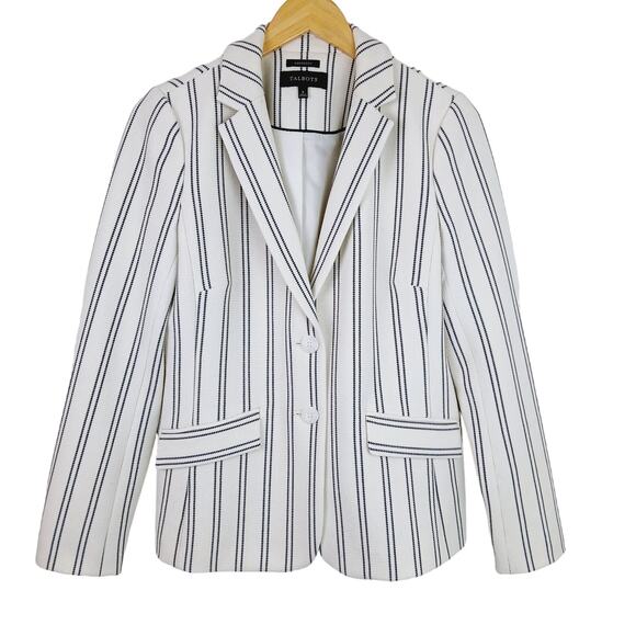 TALBOTS SZ 6 ABERDEEN KNIT BLAZER - TEXTURED PONTE - STRIPE Cream Blue - Picture 2 of 7
